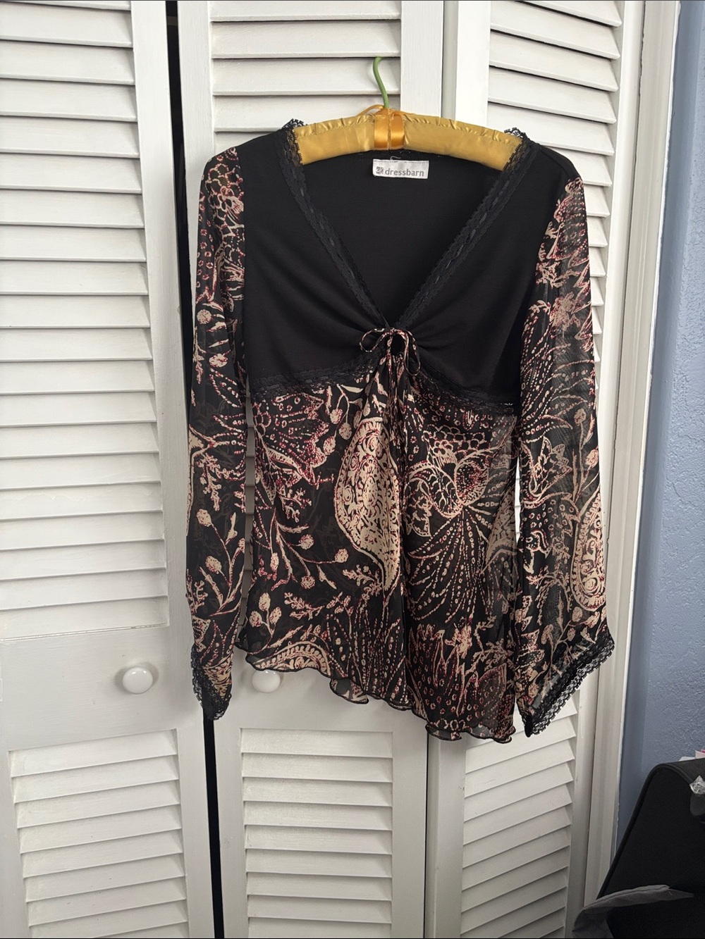 dressbarn Black and Blush Paisley Tie-Front Blouse with Sheer V-shaped Sleeves,